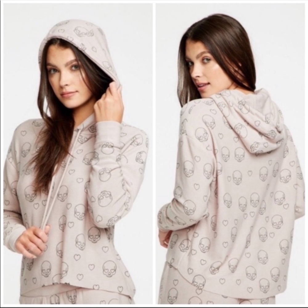Chaser Womens Little Skulls Light Pink Skull Print Hooded Sweatshirt Sz Medium